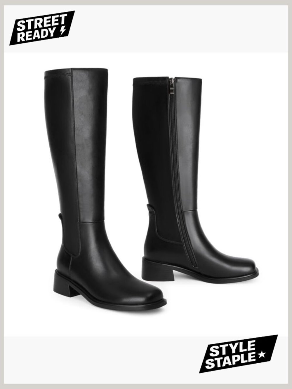 Knee High Boots Women Faux Leather Low Heel Square Toe Side Zipper Fall Boots - Picture 6 of 7